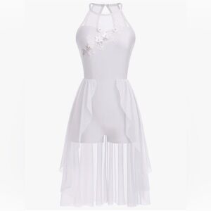 NWT, AFAVOM White Dance Costume with Flowing Skirt, Leotard and Flowers, Size S